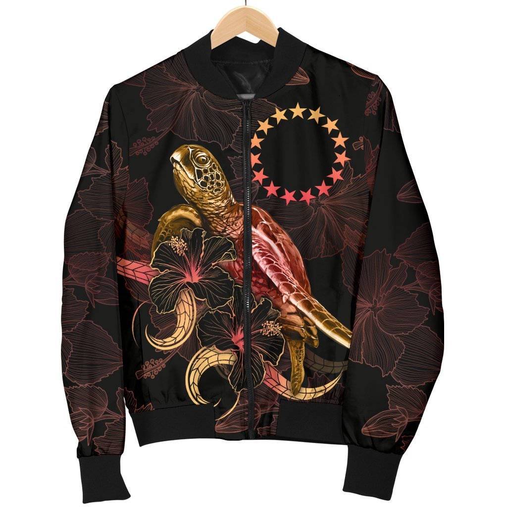 Cook Islands Polynesian Men's Bomber Jacket - Turtle With Blooming Hibiscus Gold - Polynesian Pride
