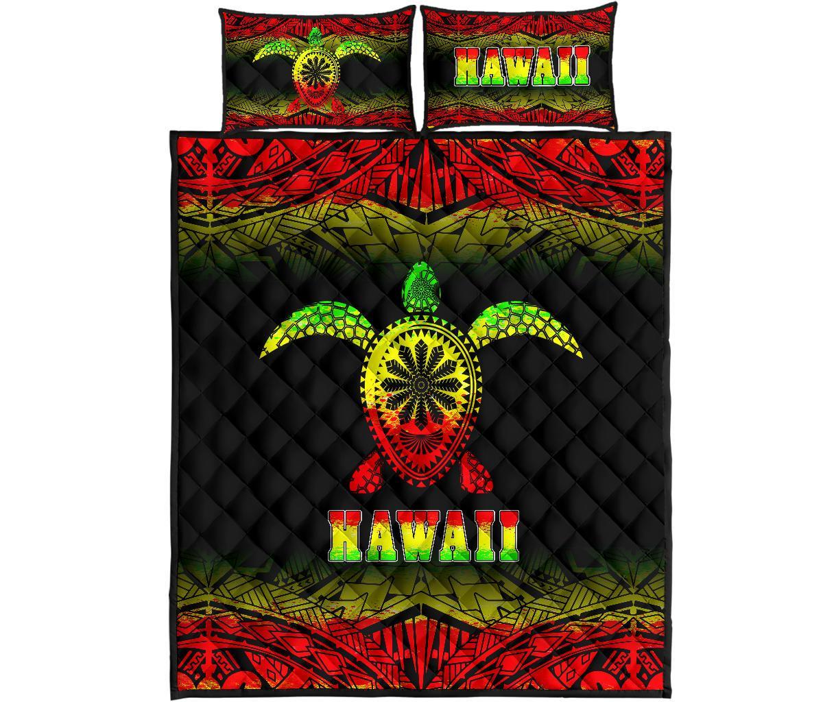 Hawaii Quilt Bed Set - Hawaii Turtle Polynesian Tattoo Black Fog Reggae Version Art - Polynesian Pride