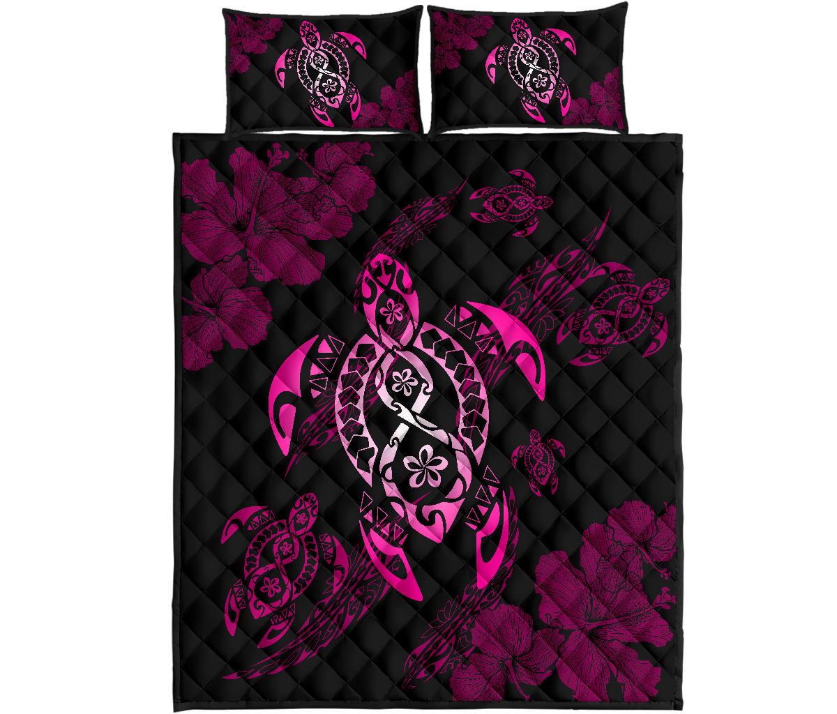 Hawaii Polynesian Turtle Quilt Bed Set Flow Of Turtle Pink Black - Polynesian Pride