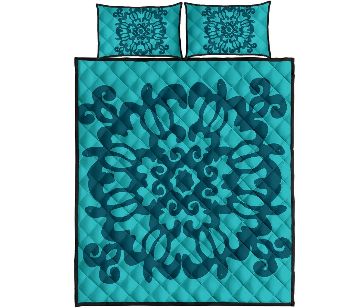 Hawaiian Quilt Turtle Pattern New Blue Quilt Bed Set - Skin Style - AH Blue - Polynesian Pride