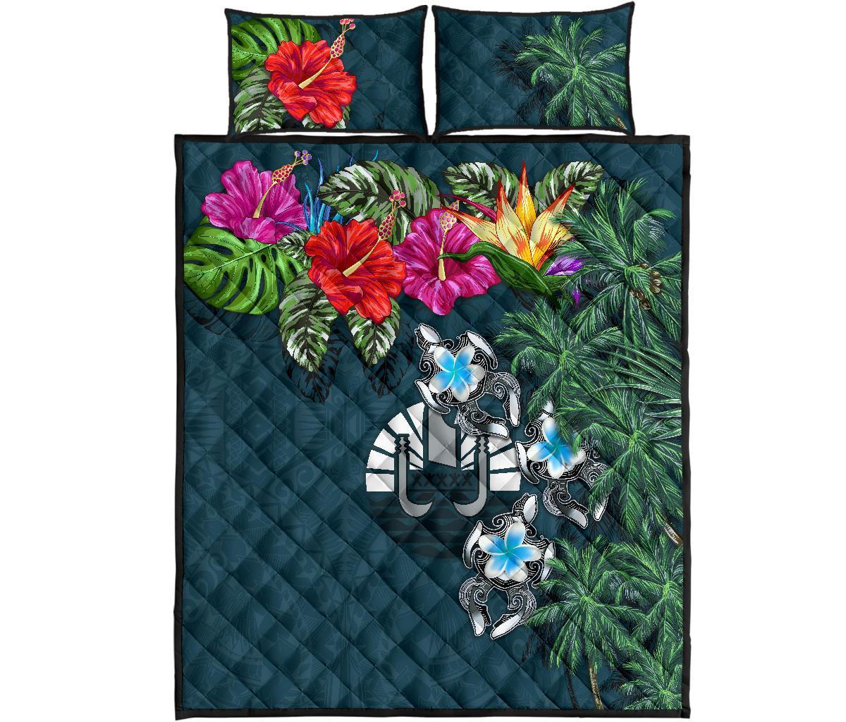 Tahiti Polynesian Quilt Bed Set - Hibiscus Turtle Tattoo Blue Blue - Polynesian Pride