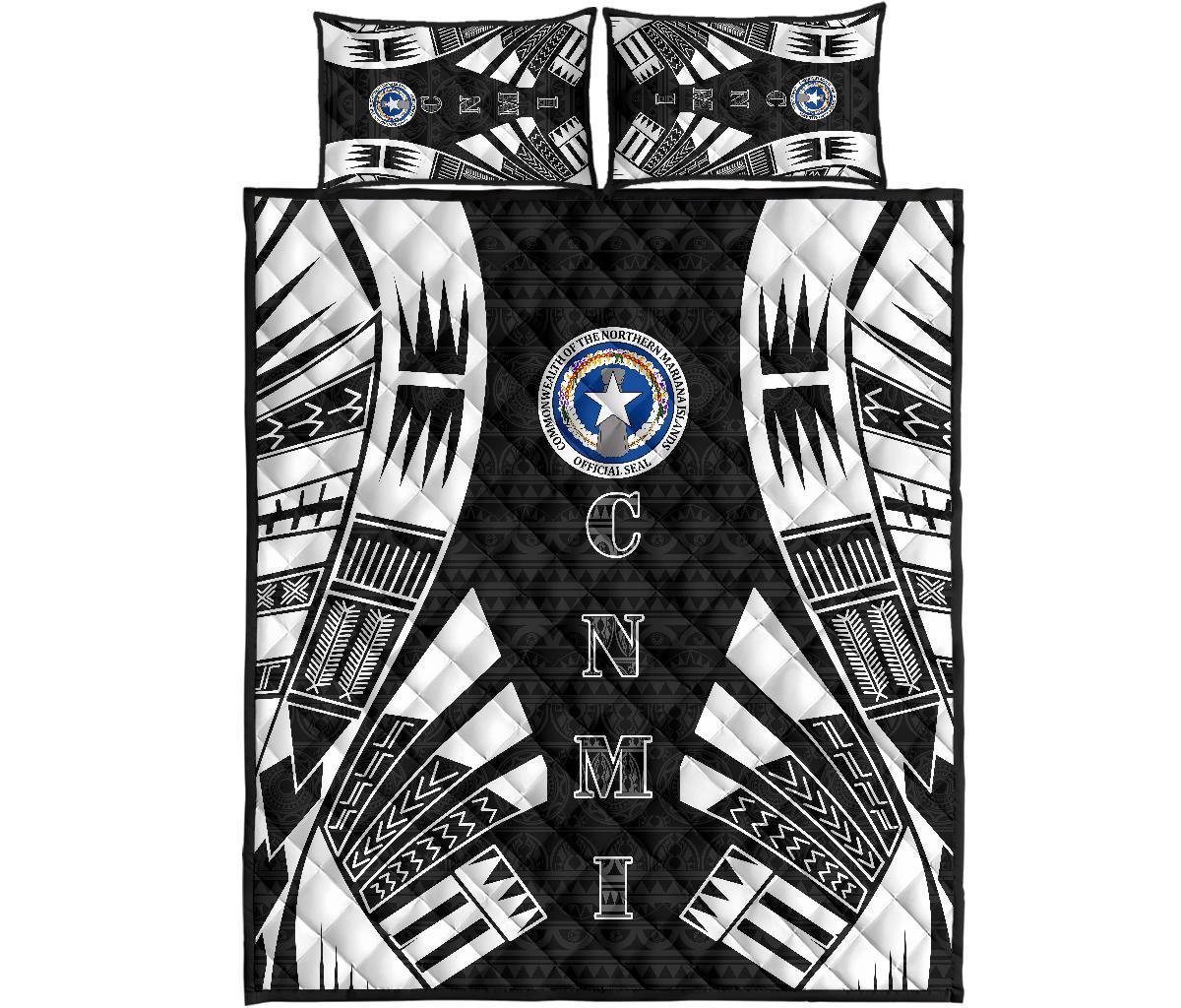 Northern Mariana Islands Quilt Bed Set - Northern Mariana Islands Seal & Polynesian White Tattoo Style Black - Polynesian Pride