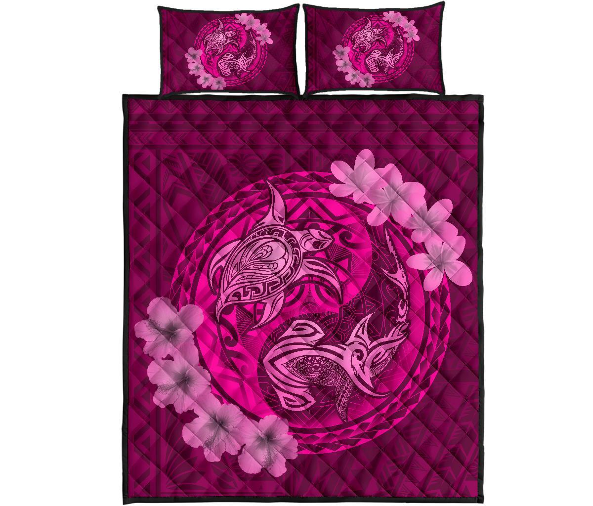 Hawaii Yin Yang Turtle Shark Hibiscus Plumeria Quilt Bed Set - Pink Art - Polynesian Pride