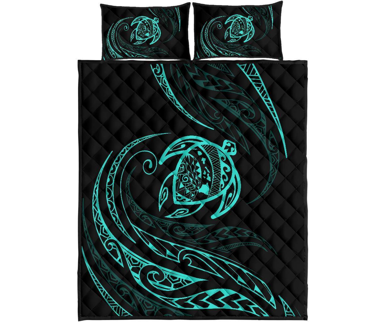 Hawaii Turtle Quilt Bed Set - Turquoise - Frida Style Black - Polynesian Pride