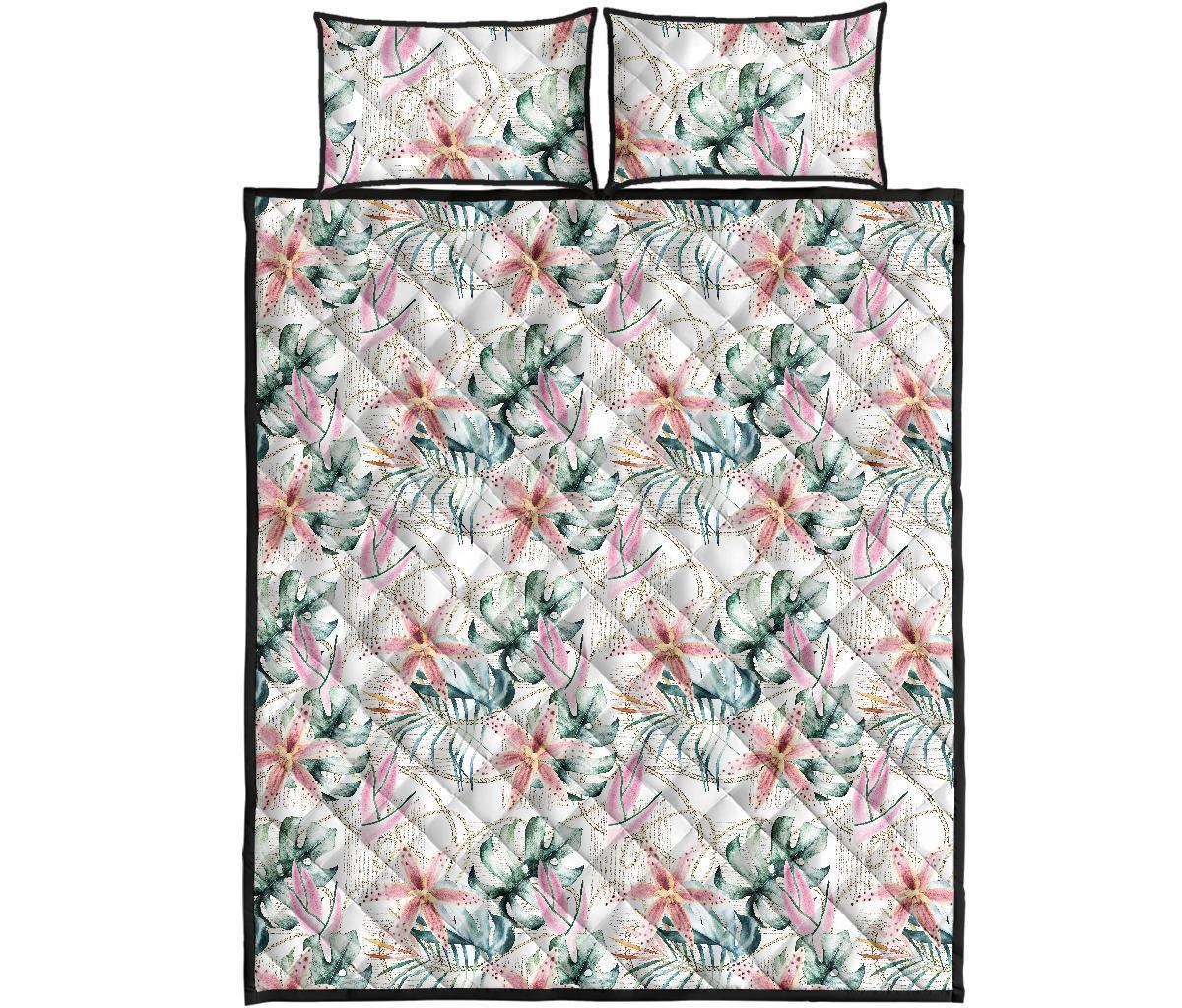 Tropical Pattern With Orchids Leaves And Gold Chains Quilt Bed Set Art - Polynesian Pride