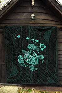 Hawaii Turtle Hibicus Map Premium Quilt - Turquoise - Polynesian Pride