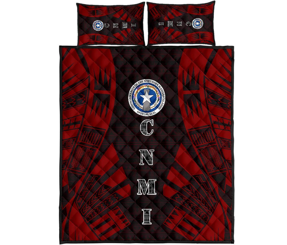 Northern Mariana Islands Quilt Bed Set - Northern Mariana Islands Seal & Polynesian Red Tattoo Style Red - Polynesian Pride