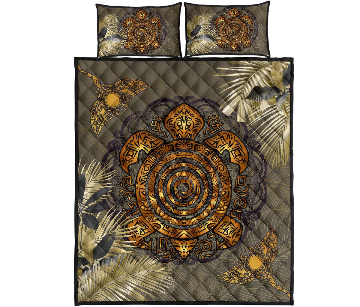 Hawaii Turtle Manta Ray Quilt Bed Set - Gold Style - AH Gold - Polynesian Pride