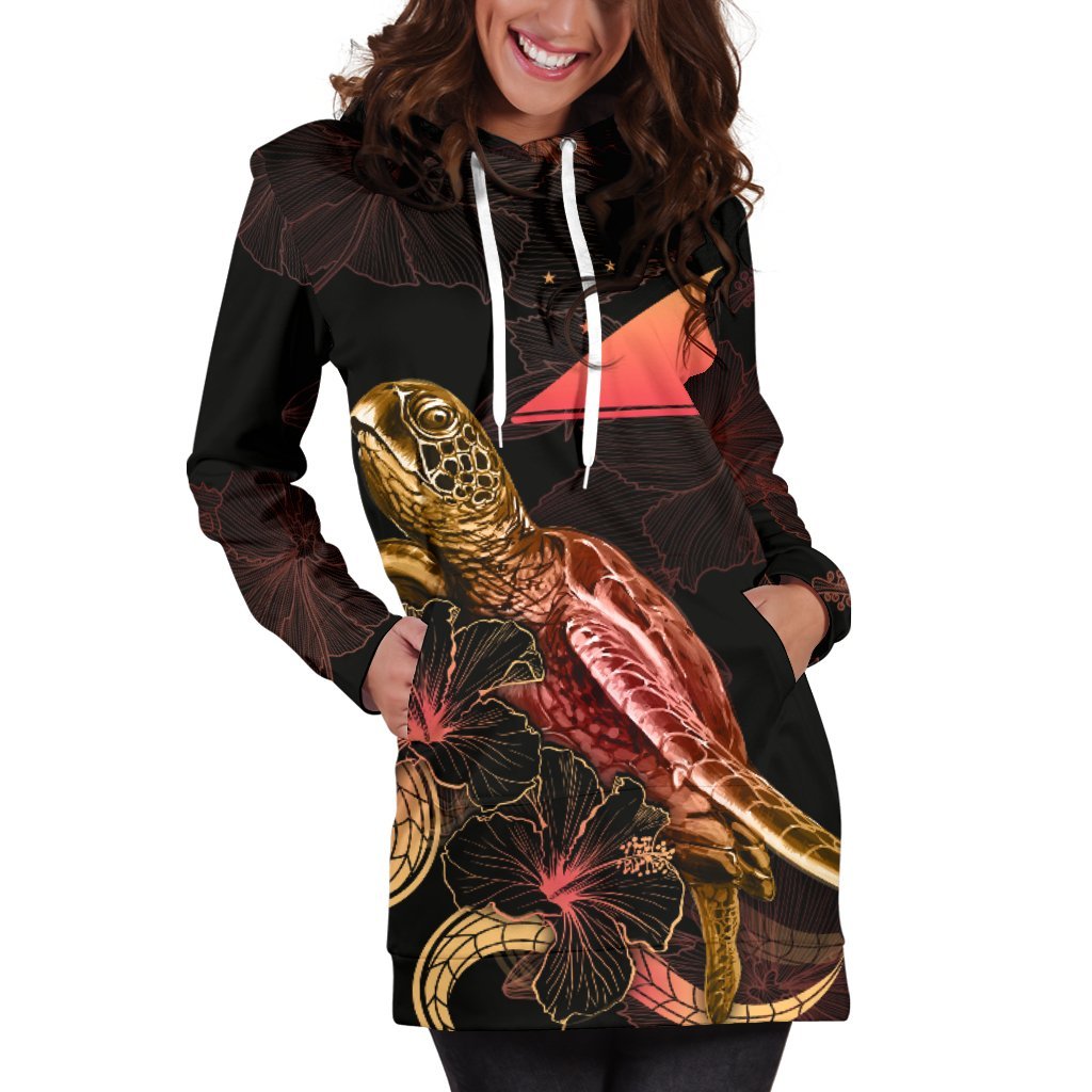 Tokelau Polynesian Hoodie Dress - Turtle With Blooming Hibiscus Gold - Polynesian Pride