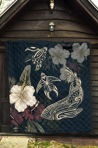 Hawaii Tropical Hibiscus Turtle Shark Aumakua Premium Quilt - Lucas Style - Blue - Polynesian Pride