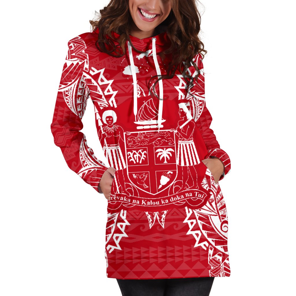 Fiji Polynesian Hoodie Dress Map Red White - Polynesian Pride
