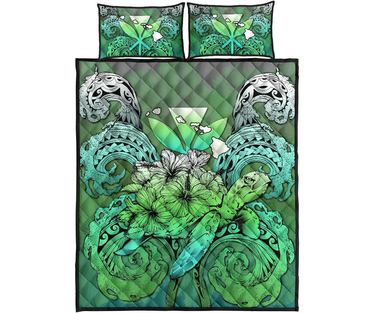 Hawaii Turtle Wave Polynesian Quilt Bed Set - Hey Style Green Green - Polynesian Pride