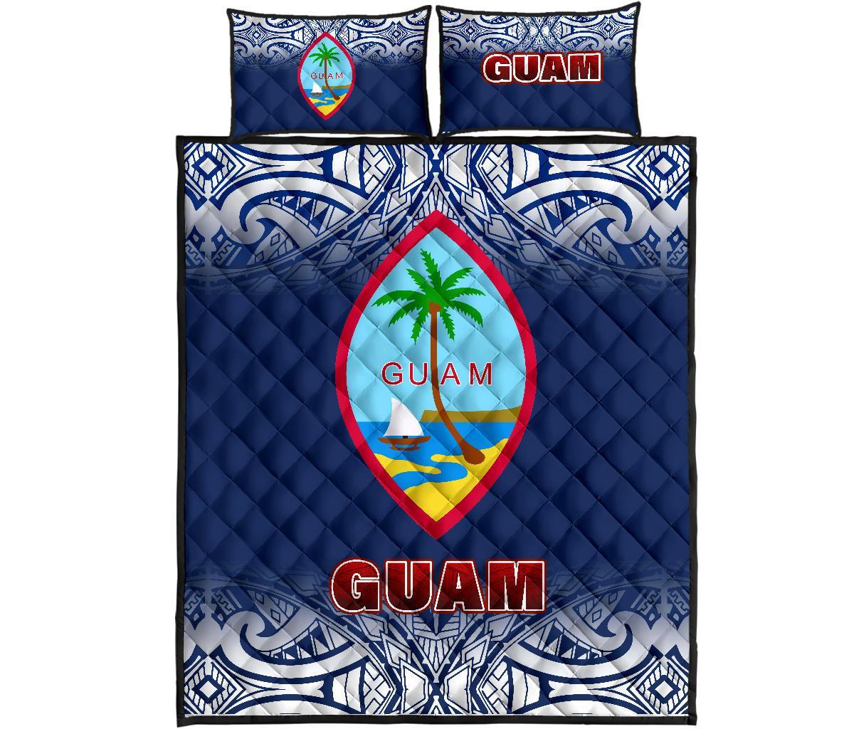 Guam Quilt Bed Set - Guam Coat Of Arms Fog Style Blue - Polynesian Pride
