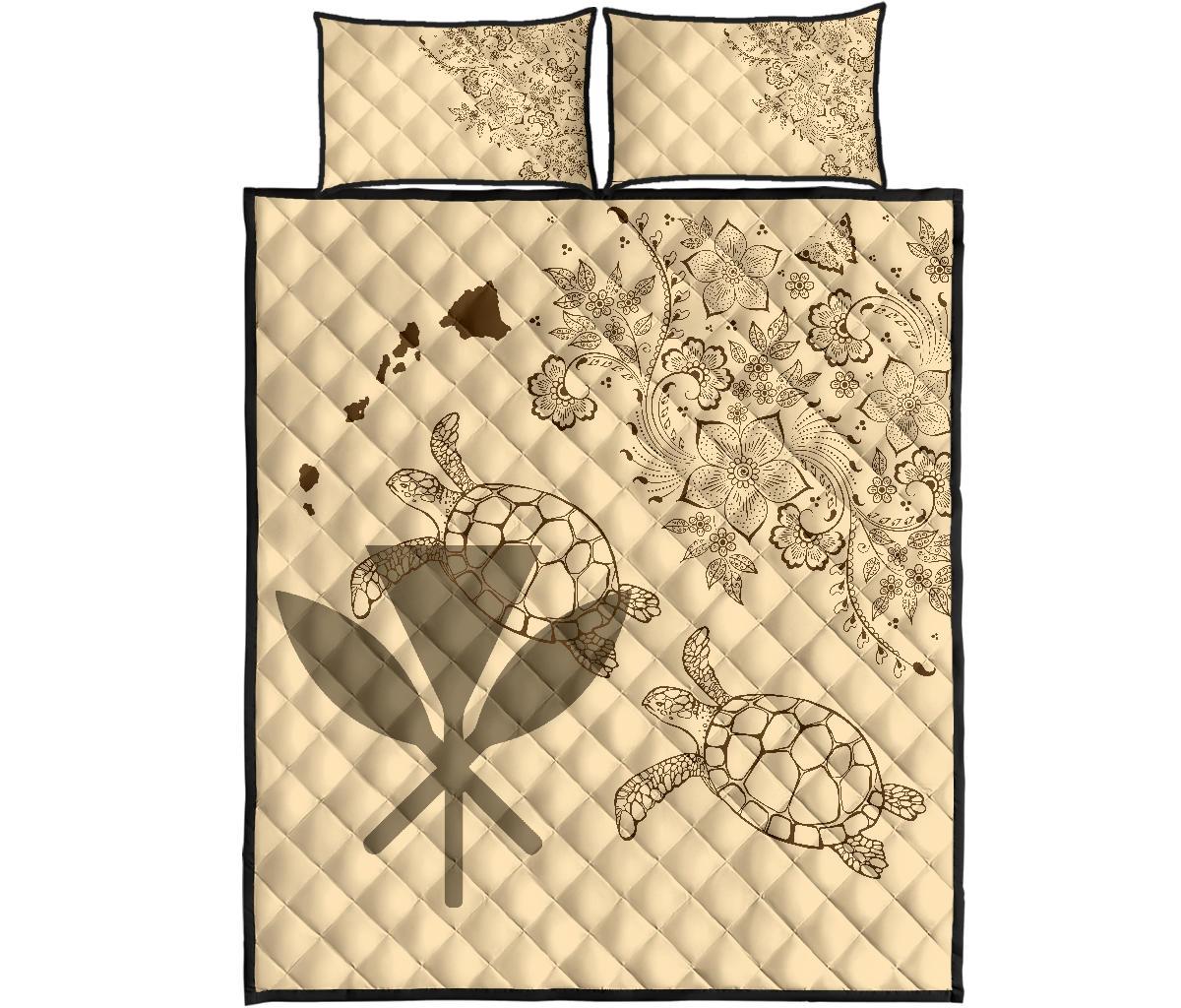 Hawaii Turtle Kanaka Map Beige - Quilt Bed Set AH Yellow - Polynesian Pride