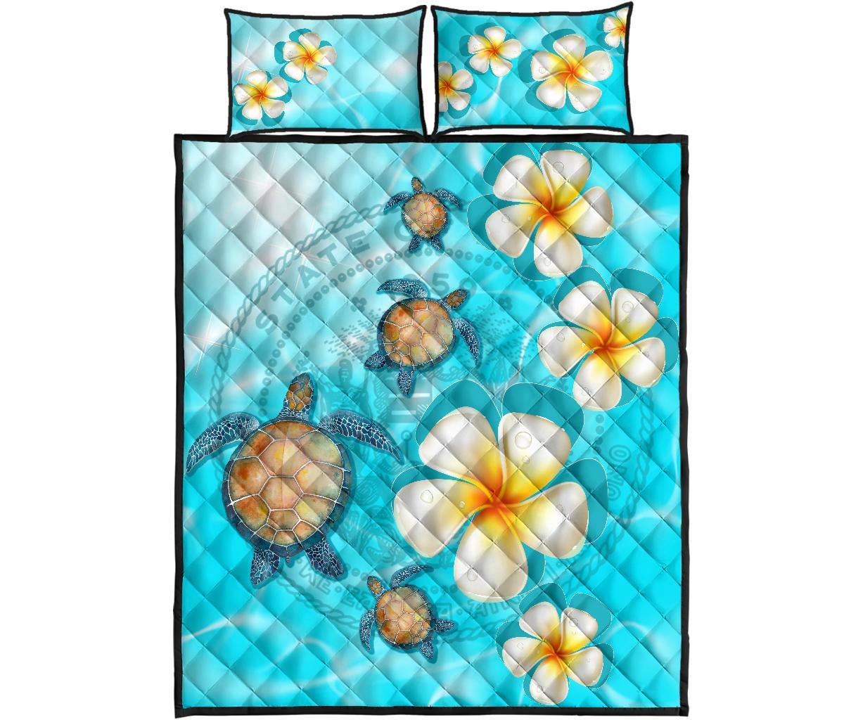 Hawaii Turtle Coat Of Arm Plumeria Ocean Quilt Bed Set Blue - Polynesian Pride