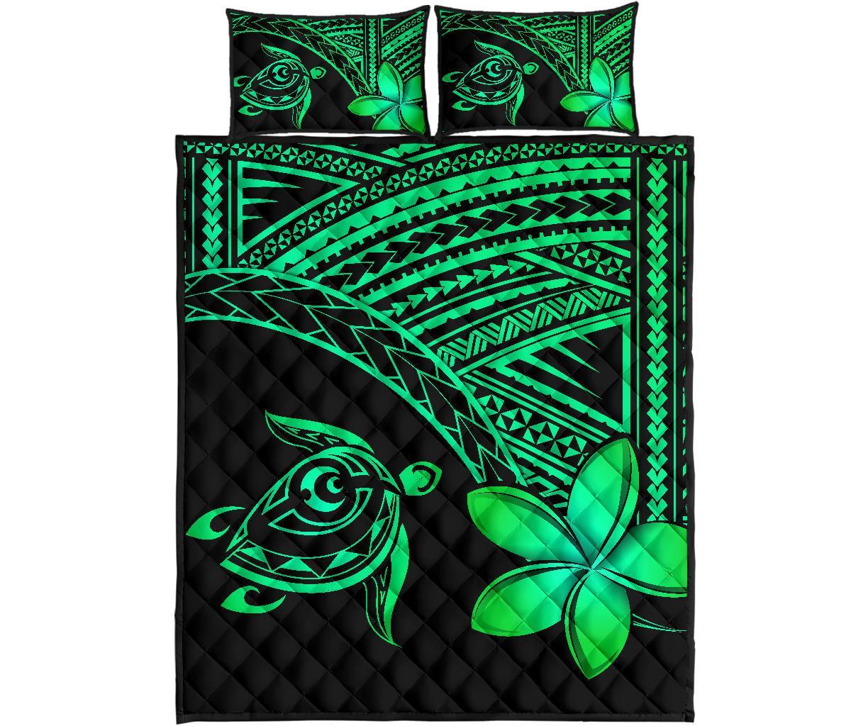 Hawaiian Turtle Plumeria Polynesian Quilt Bedding Set Green Art - Polynesian Pride