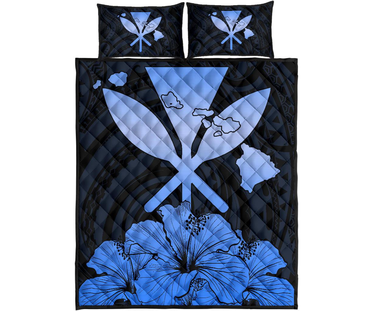 Hawaiian Kanaka Quilt Bed Set Hibiscus Polynesian Love Blue Blue - Polynesian Pride