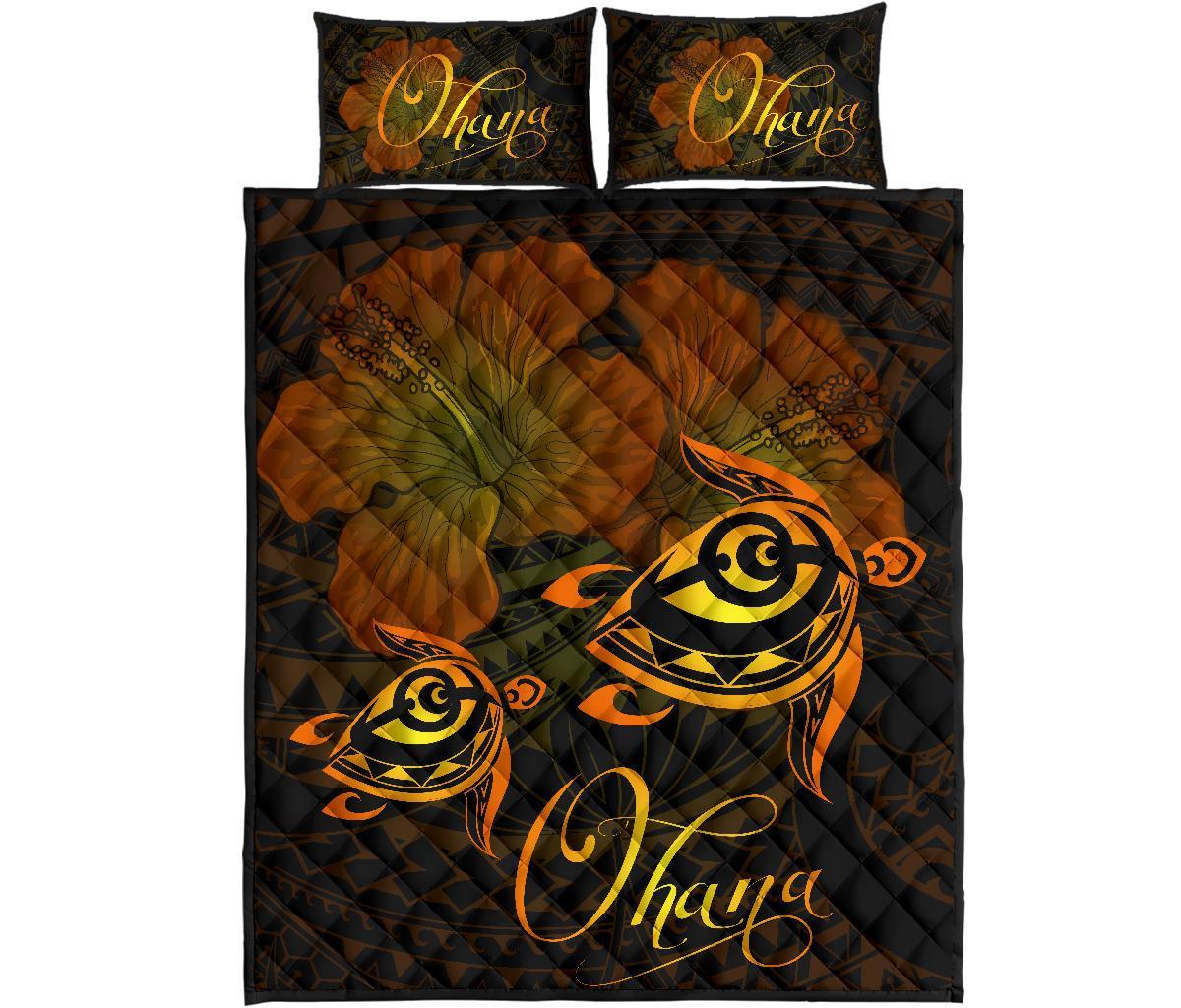 Hawaii Turtle Ohana Hibiscus Poly Quilt Bed Set Yellow Yellow - Polynesian Pride