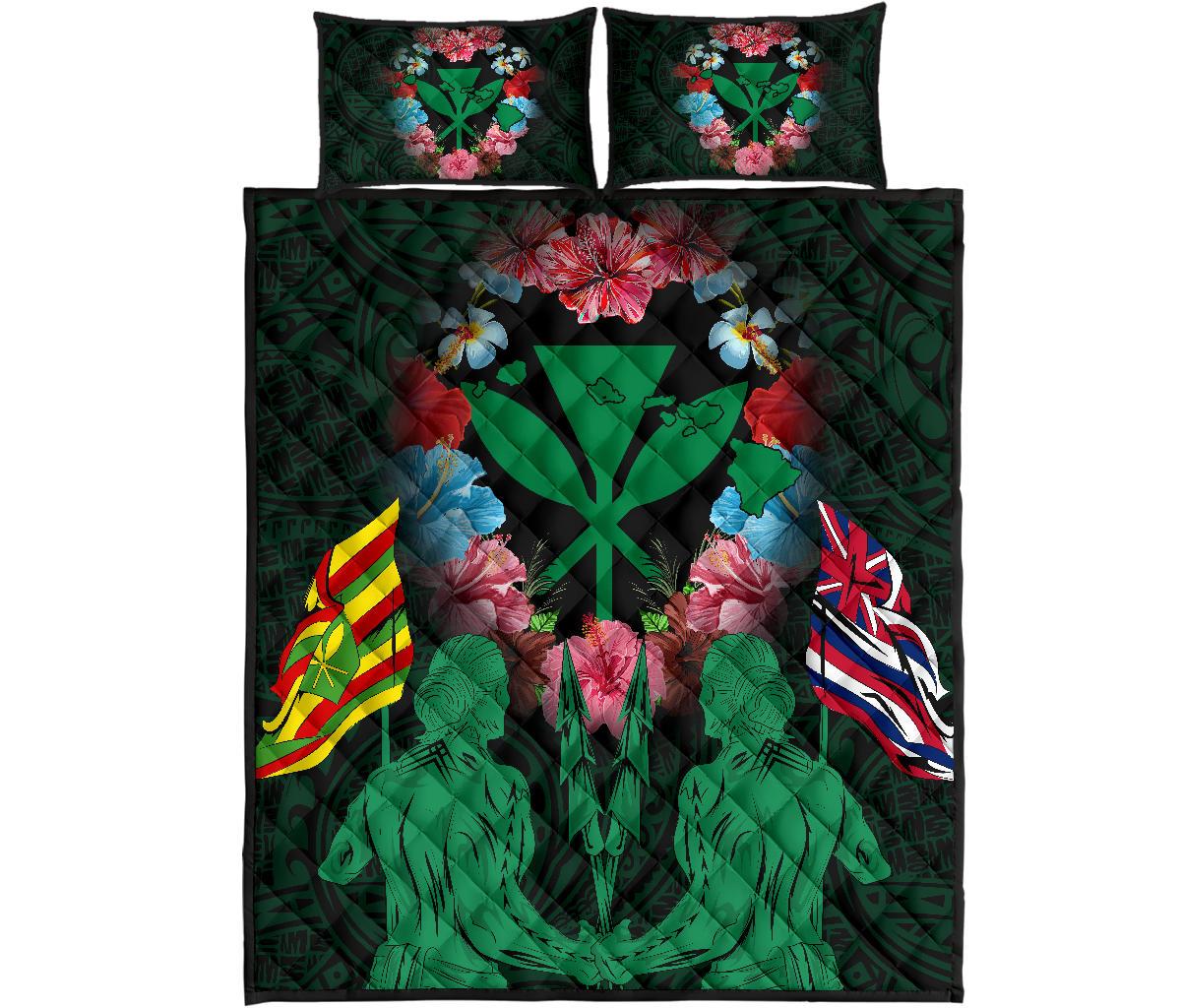 Hawaii Map Kanaka Two Men Holding Flag Quilt Bed Set - AH - Green Green - Polynesian Pride