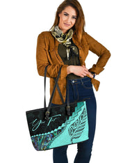 (Signature Custom) Paua Shell, Maori Silver Fern Leather Tote Bag, Turquoise - Polynesian Pride