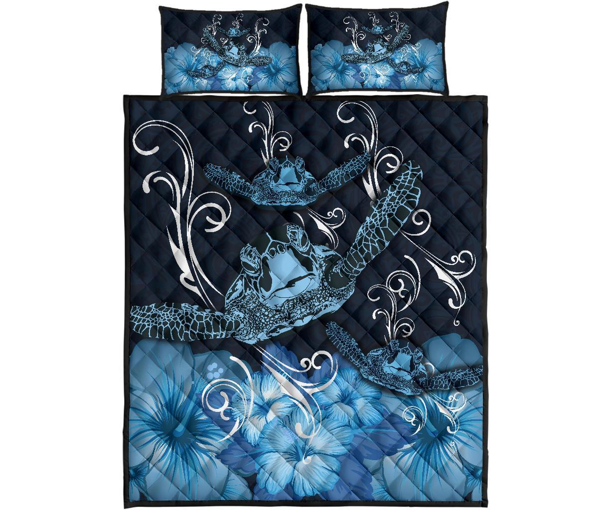 Hawaii Polynesian Turtle Waves Hibiscus Quilt Bed Set - Erik Style - AH - Blue Blue - Polynesian Pride