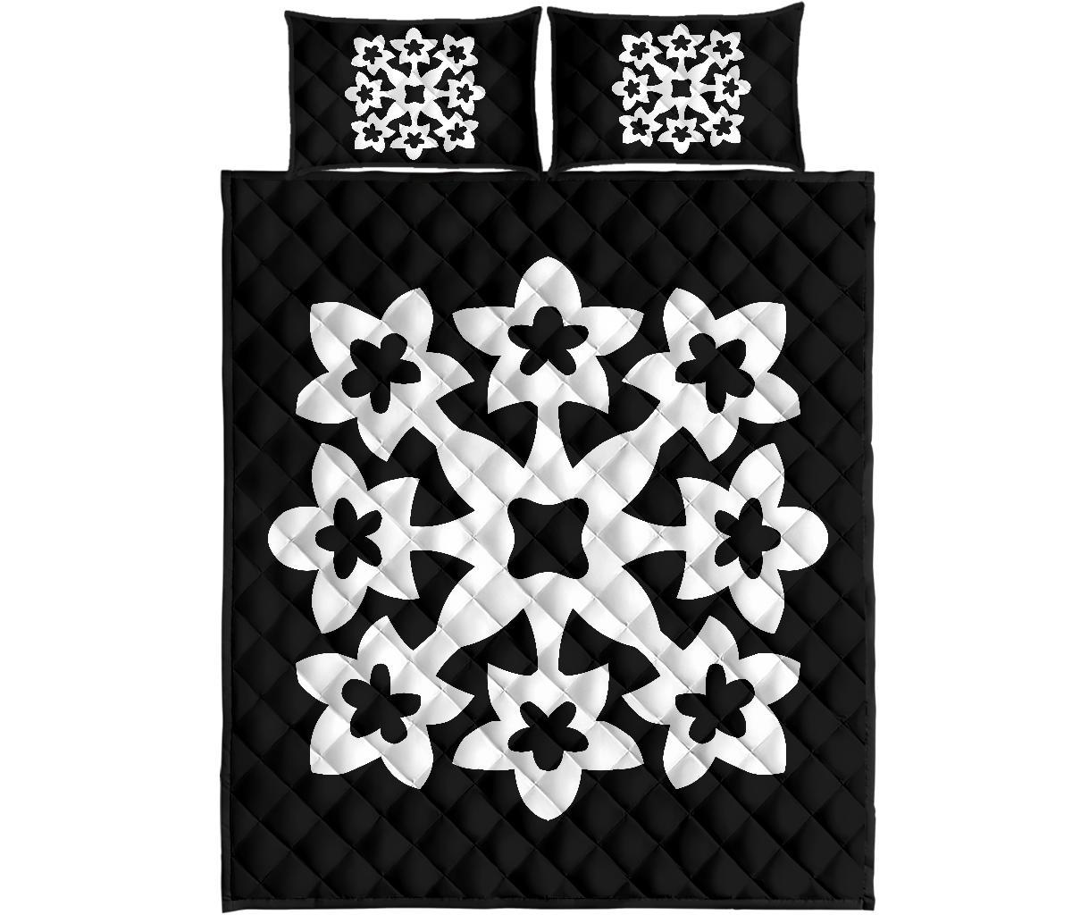 Hawaiian Quilt Bed Set Royal Pattern - Black And White - A1 Style White - Polynesian Pride