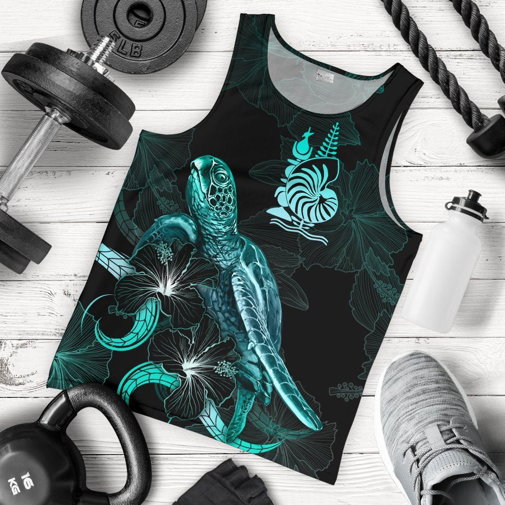 New Caledonia Polynesian Men Tank Top - Turtle With Blooming Hibiscus Tuquoise Turquoise - Polynesian Pride