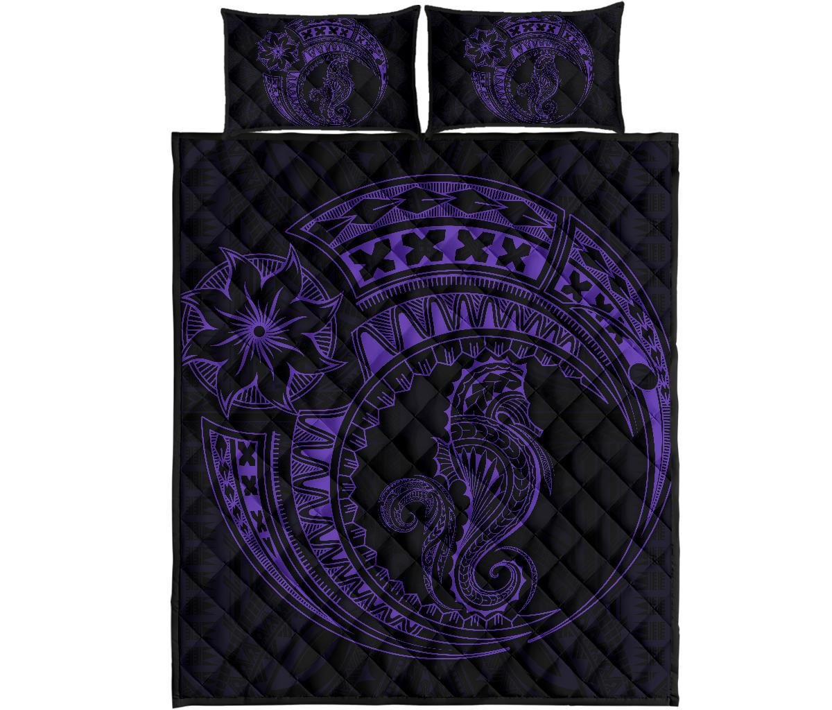 Polynesian Quilt Bed Set - Polynesian Purple Seahorse Tattoo Art - Polynesian Pride