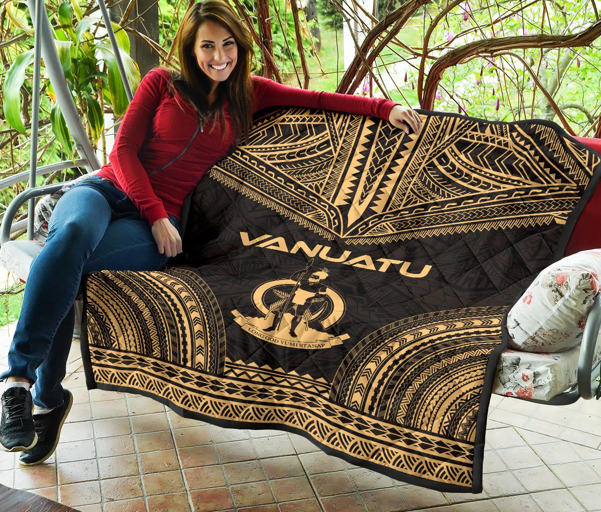 Vanuatu Premium Quilt - Vanuatu Coat Of Arms Polynesian Chief Gold Version - Polynesian Pride