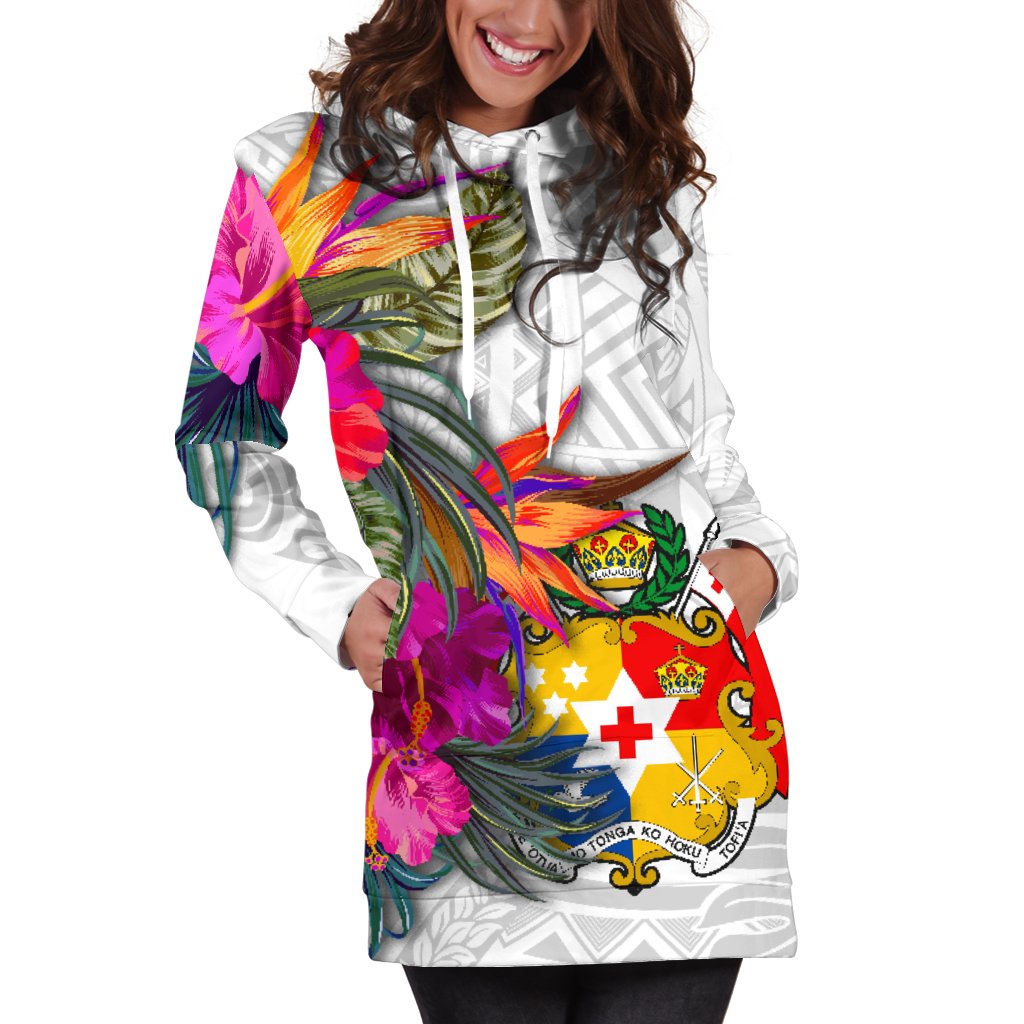 Tonga Women's Hoodie Dress Polynesian Hibiscus White Pattern - Polynesian Pride