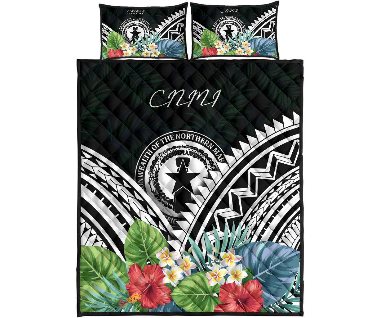 CNMI Quilt Bed Set - CNMI Coat of Arms & Polynesian Tropical Flowers White - Polynesian Pride