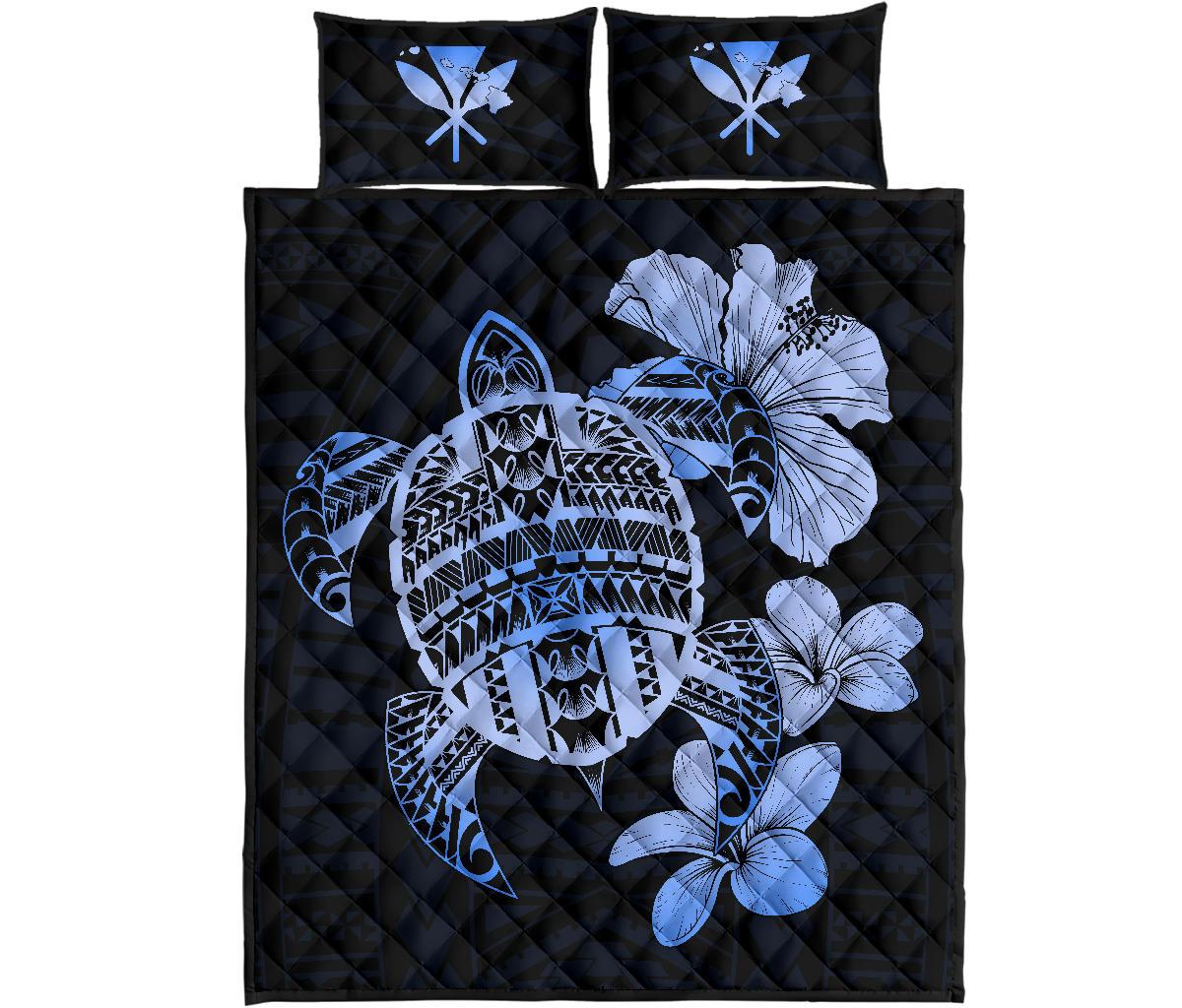 Hawaiian Kanaka Hibiscus Plumeria Mix Polynesian Turtle Quilt Bed Set Blue AH Blue - Polynesian Pride