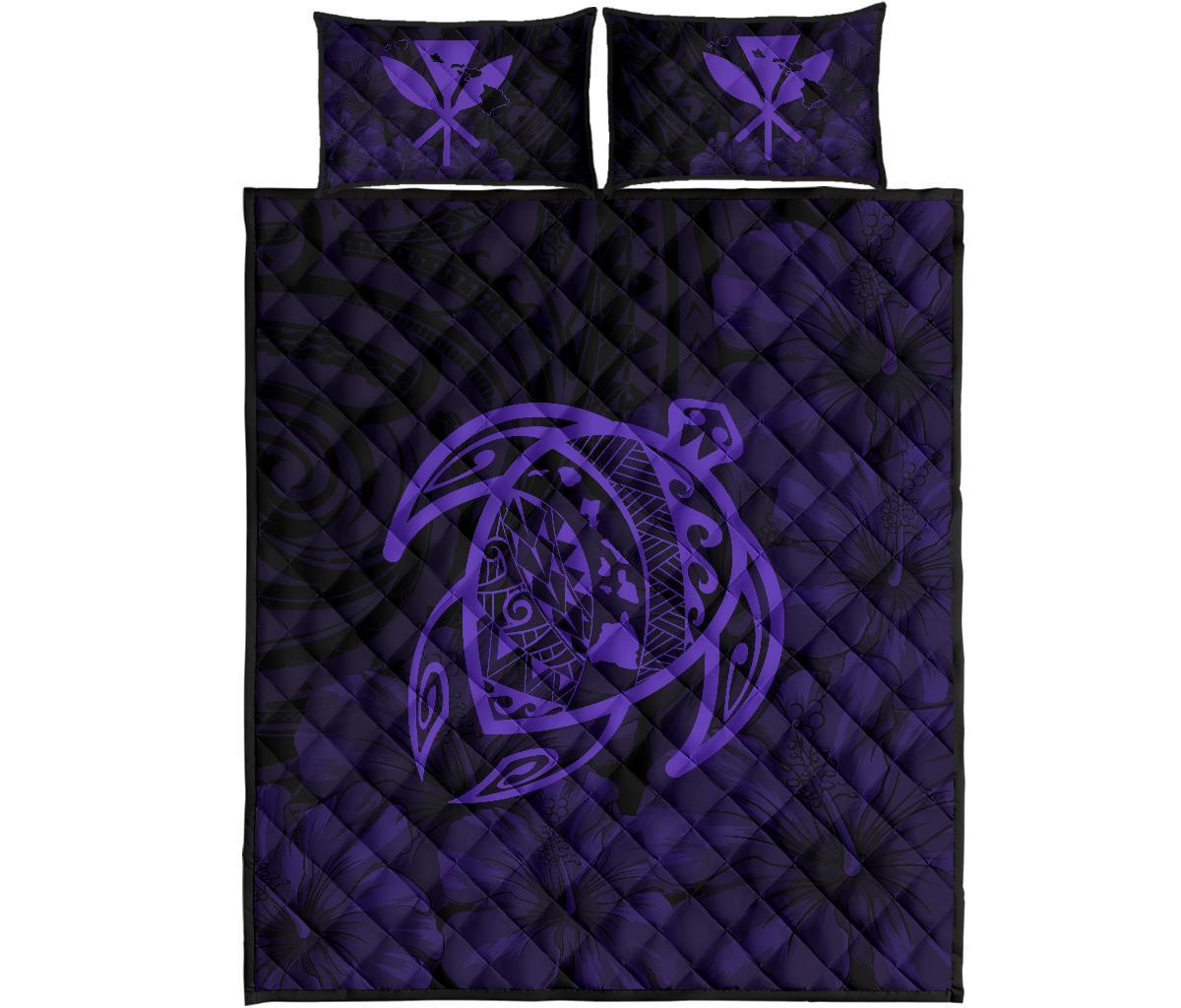 Hawaii Turtle Kanaka Map Hibiscus Poly Quilt Bed Set - Purple Art - Polynesian Pride