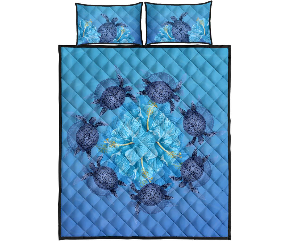 Hawaii Turtle Hibiscus Blue Quilt Bed Set Blue - Polynesian Pride