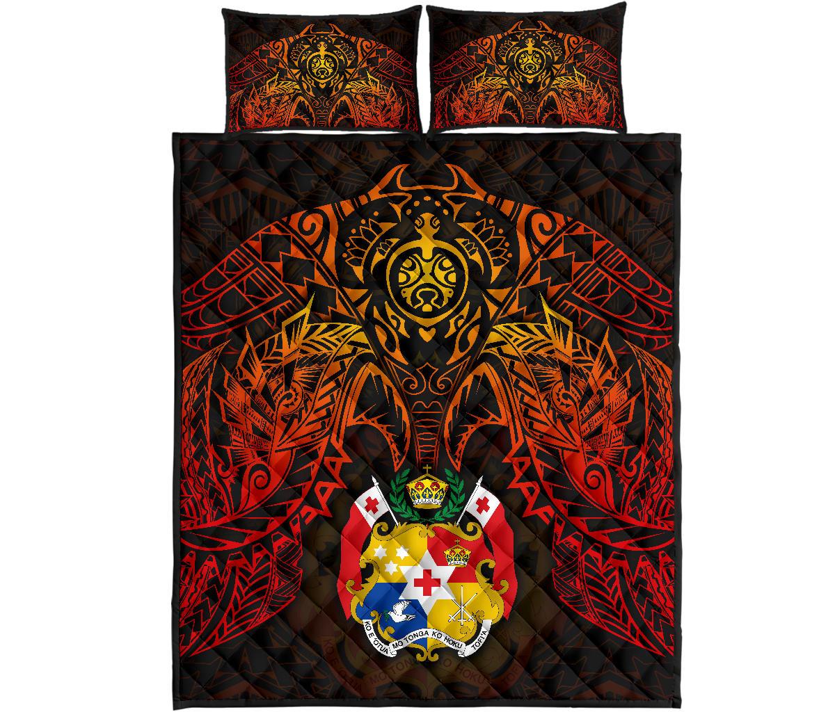 Tonga Polynesian Quilt Bed Set - Tonga Coat Of Arms & Red Manta Ray Turtle - Polynesian Pride