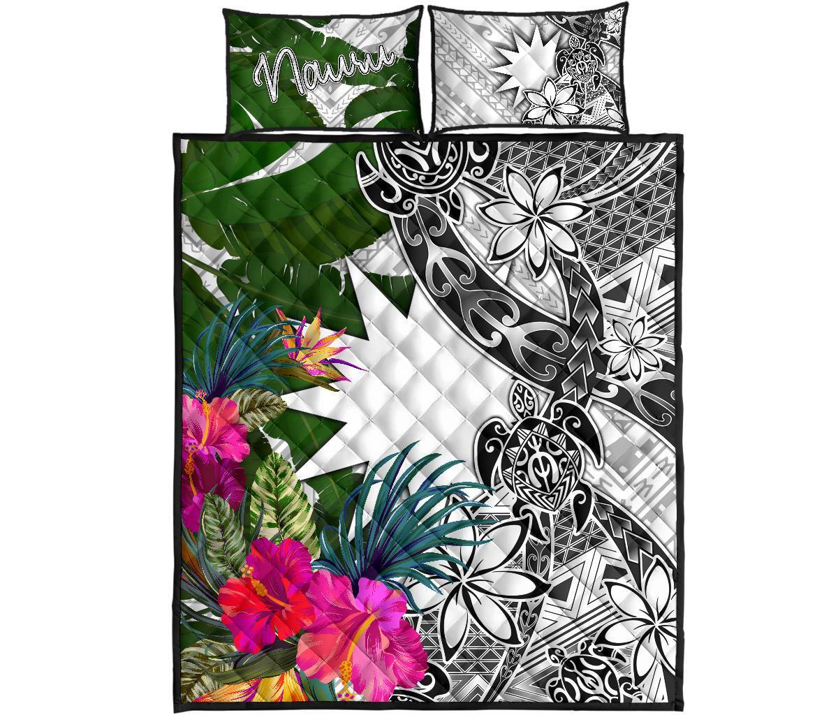 Nauru Quilt Bed Set White - Turtle Plumeria Banana Leaf - Polynesian Pride