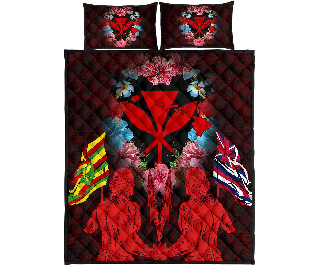 Hawaii Map Kanaka Two Men Holding Flag Quilt Bed Set - AH - Red Red - Polynesian Pride