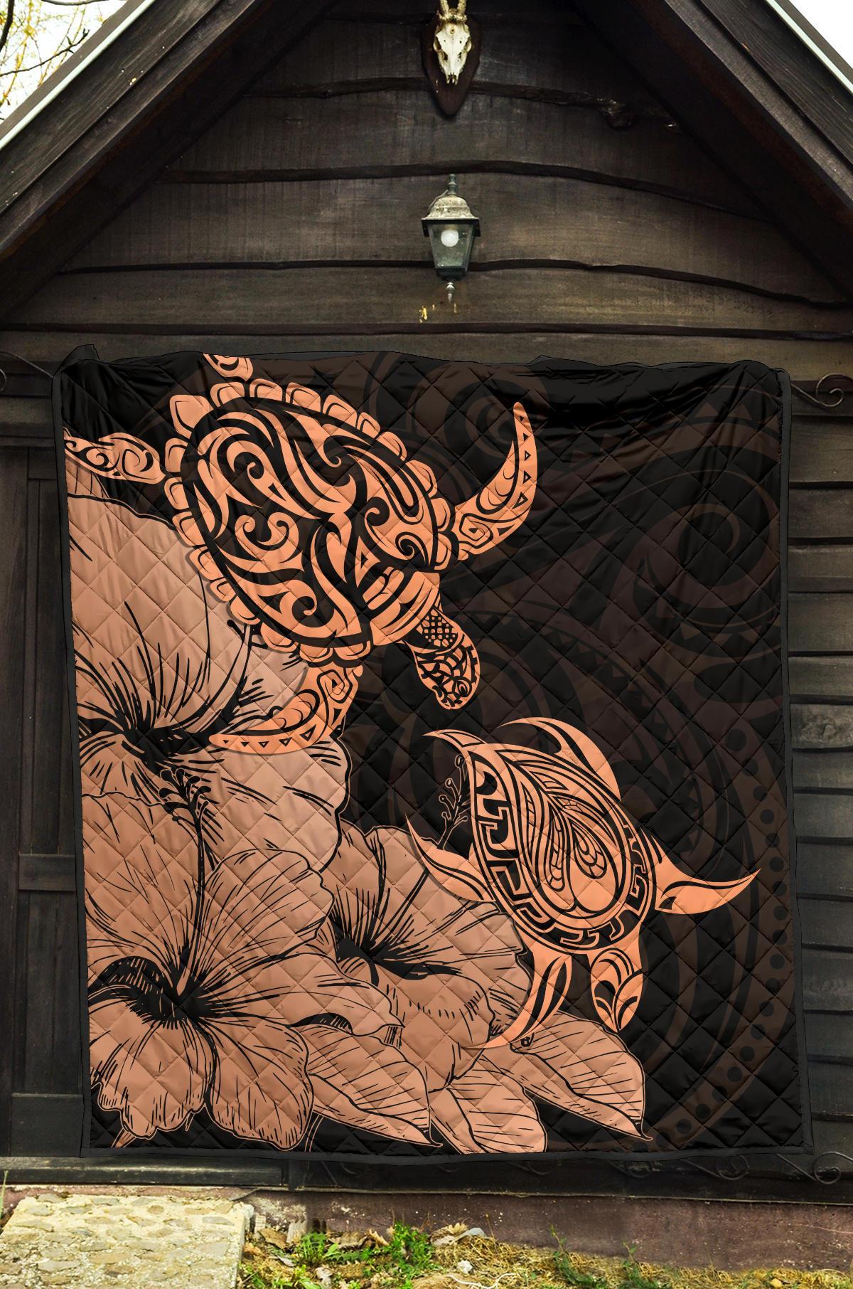 Hawaii Turtle Premium Quilt Polynesian Hibiscus Art Orange AH - Polynesian Pride