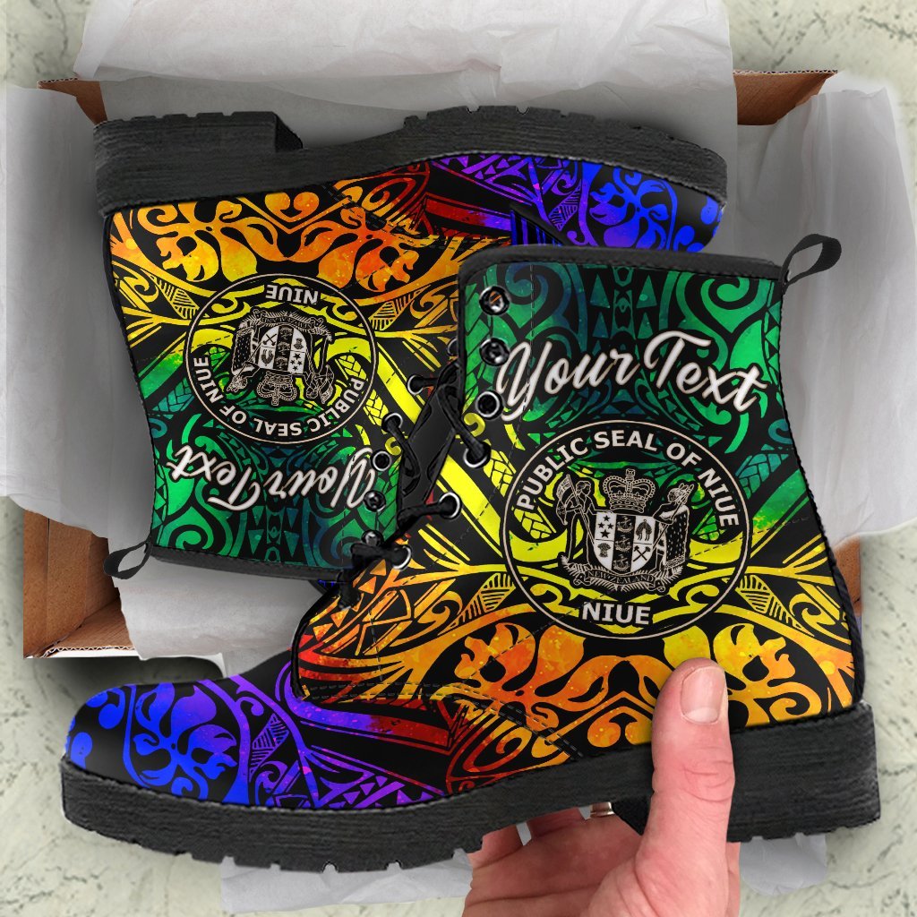 Niue Custom Personalised Leather Boots - Rainbow Polynesian Pattern Rainbow - Polynesian Pride