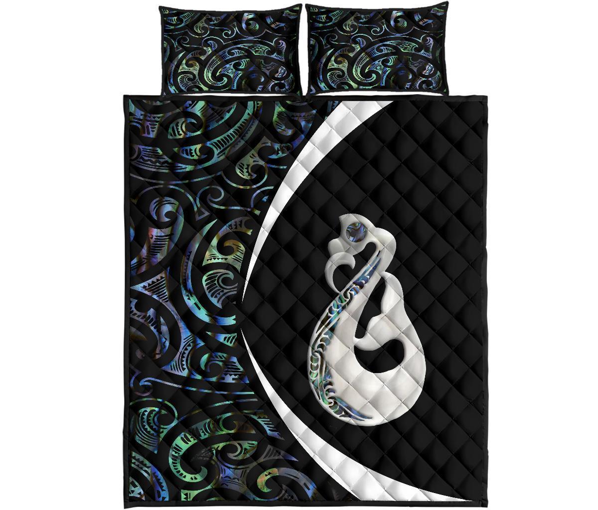 New Zealand Maori Manaia Paua Shell Quilt Bed Set - Circle Style Black - Polynesian Pride