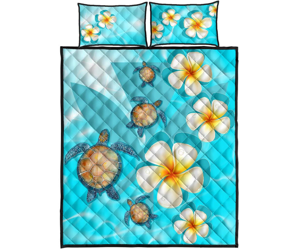 Hawaii Turtle Kanaka Plumeria Ocean Quilt Bed Set Blue - Polynesian Pride