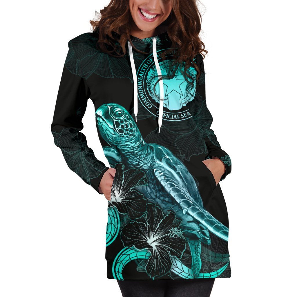 CNMI Polynesian Hoodie Dress - Turtle With Blooming Hibiscus Turquoise - Polynesian Pride