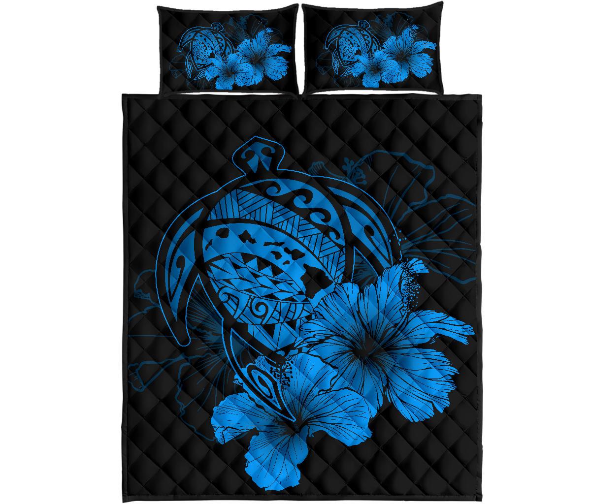 Hawaiian Map Turtle Hibiscus Polynesian Quilt Bedding Set - Traffic Blue Blue - Polynesian Pride