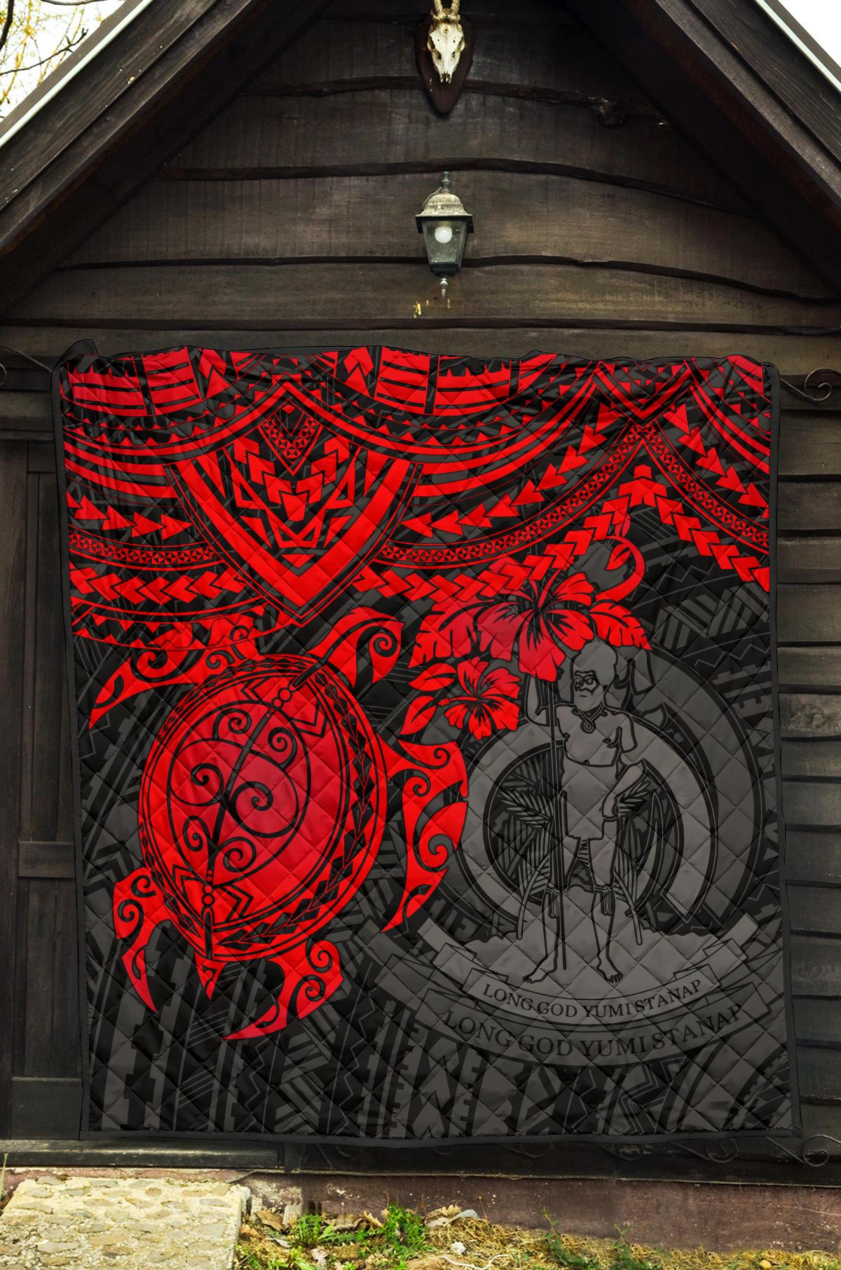 Vanuatu Polynesian Premium Quilt - Vanuatu Coat Of Arms & Red Turtle Hibiscus - Polynesian Pride