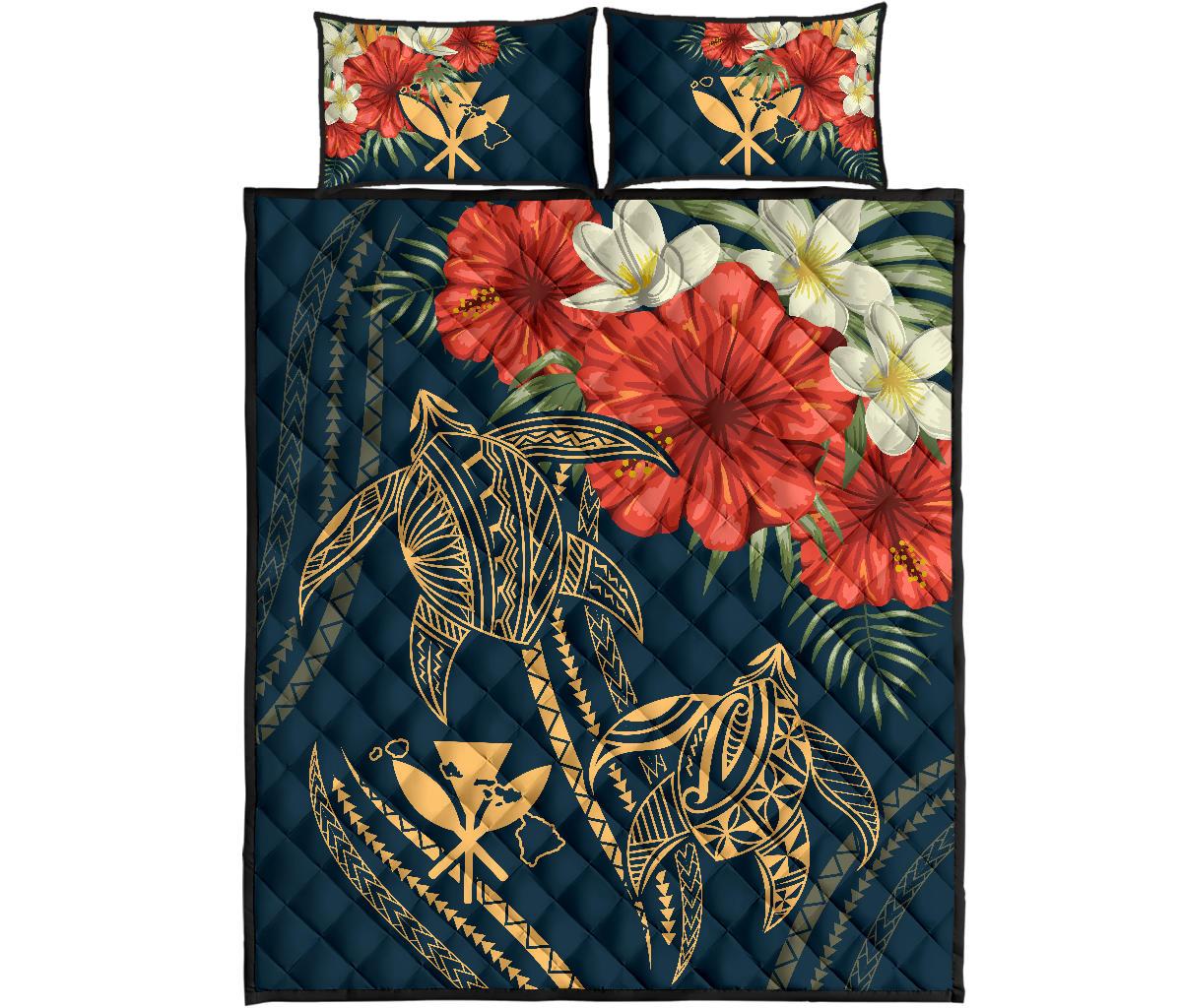 Hawaii Polynesian Turtle Hibiscus Quilt Bed Set - Nolan Style Black - Polynesian Pride