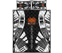 Papua New Guinea Quilt Bed Set - Papua New Guinea Coat Of Arms & Polynesian White Tattoo Style Black - Polynesian Pride