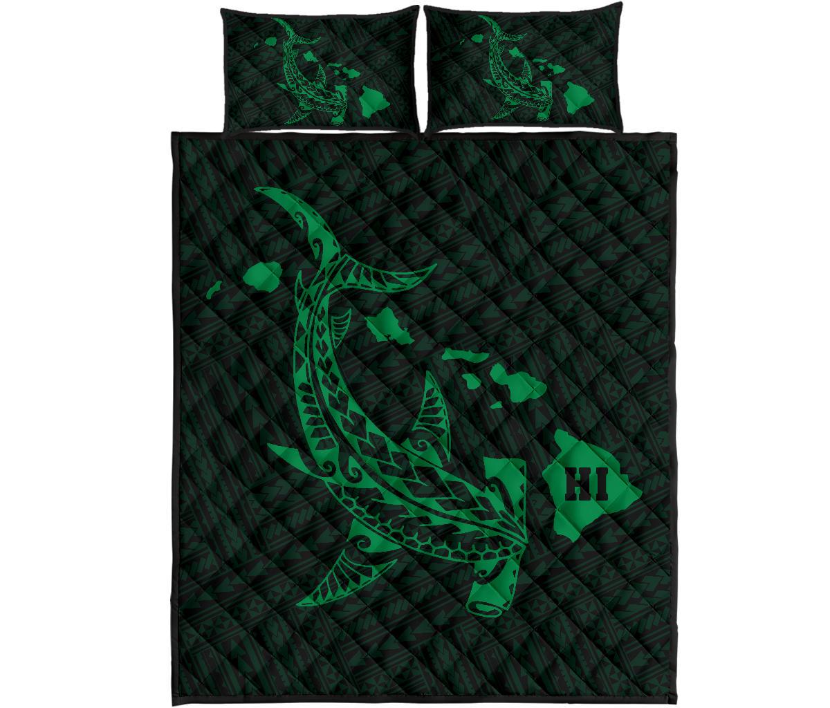 Hawaiian Map Hamerhead Shark Polynesian Quilt Bedding Set Green Green - Polynesian Pride