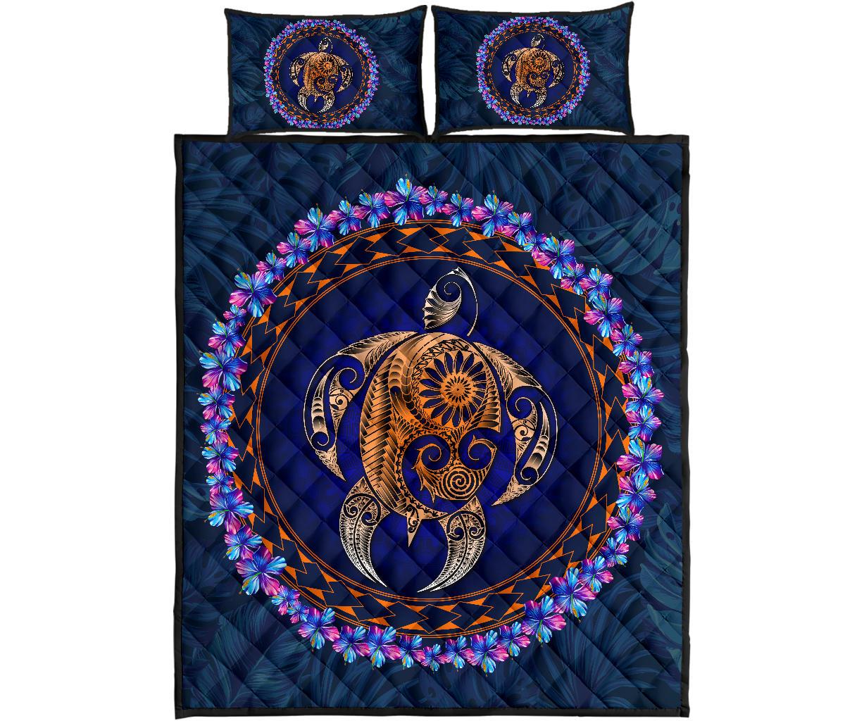 Hawaii Turtle Polynesian Tropical Quilt Bed Set - Jan Style - AH Blue - Polynesian Pride