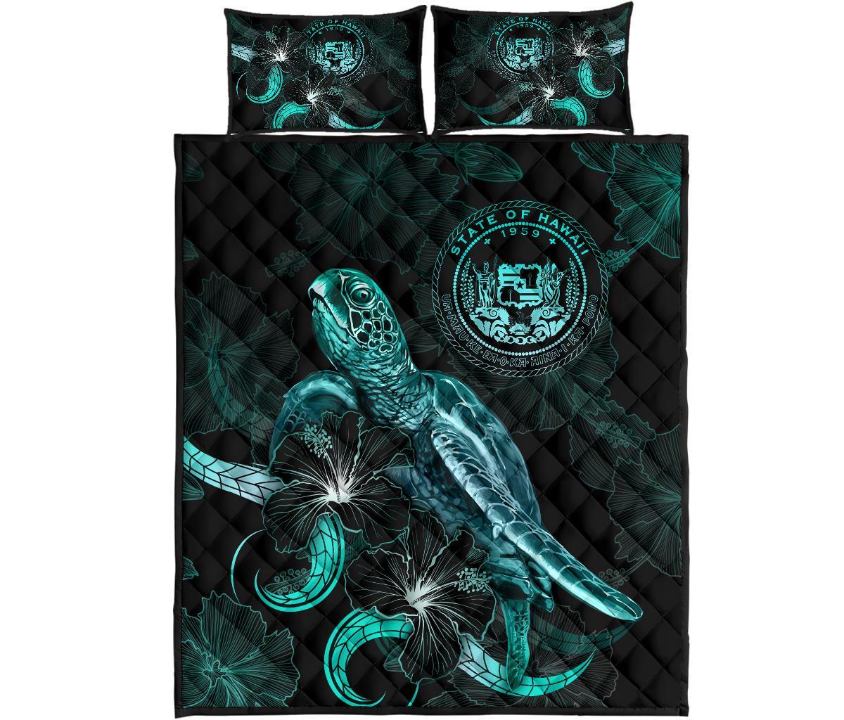 Hawaii Polynesian Quilt Bed Set - Turtle With Blooming Hibiscus Turquoise - Polynesian Pride