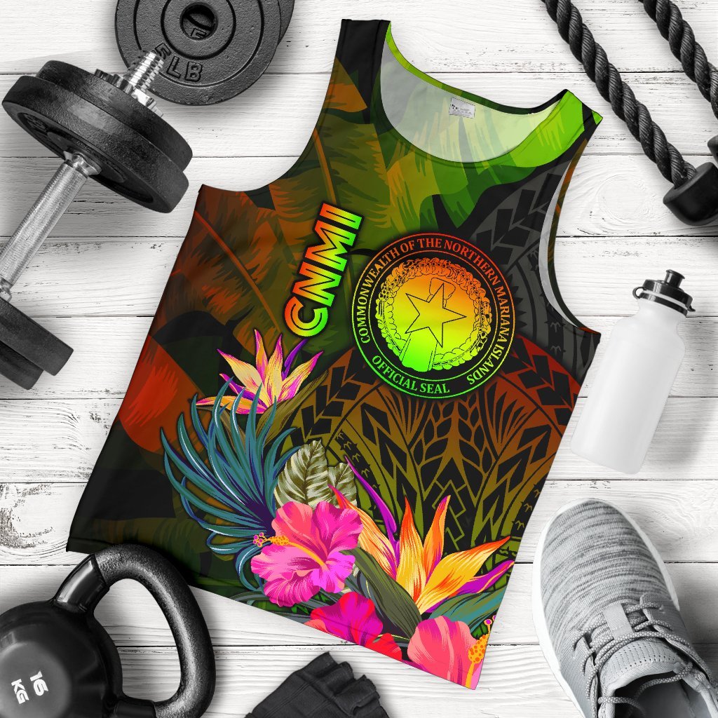 Northern Mariana Islands Polynesian Men's Tank Top - Hibiscus and Banana Leaves Reggae - Polynesian Pride